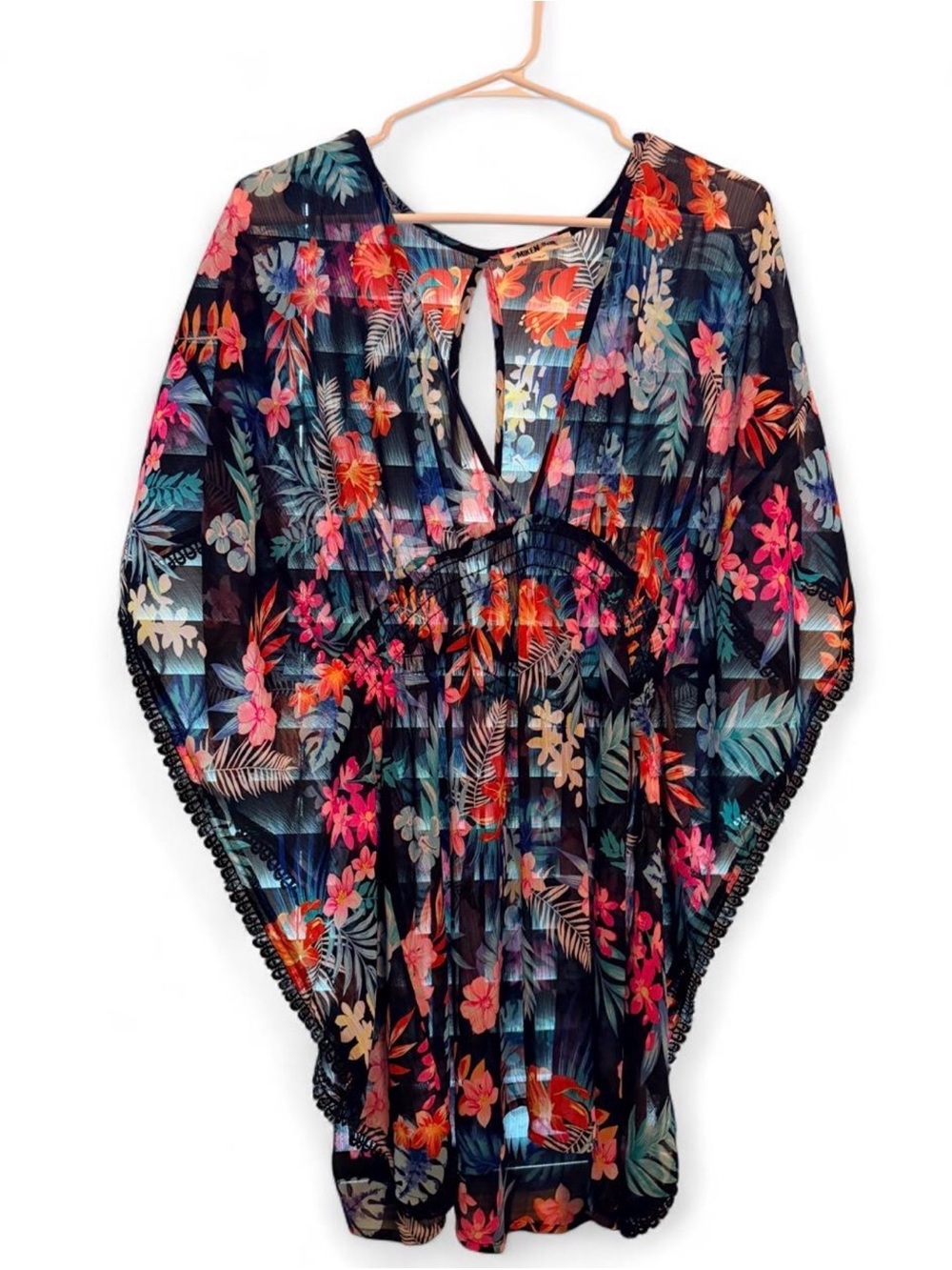 Women’s Floral One-Piece Swimsuit Cover-Up - Black with Multicolor Floral Print